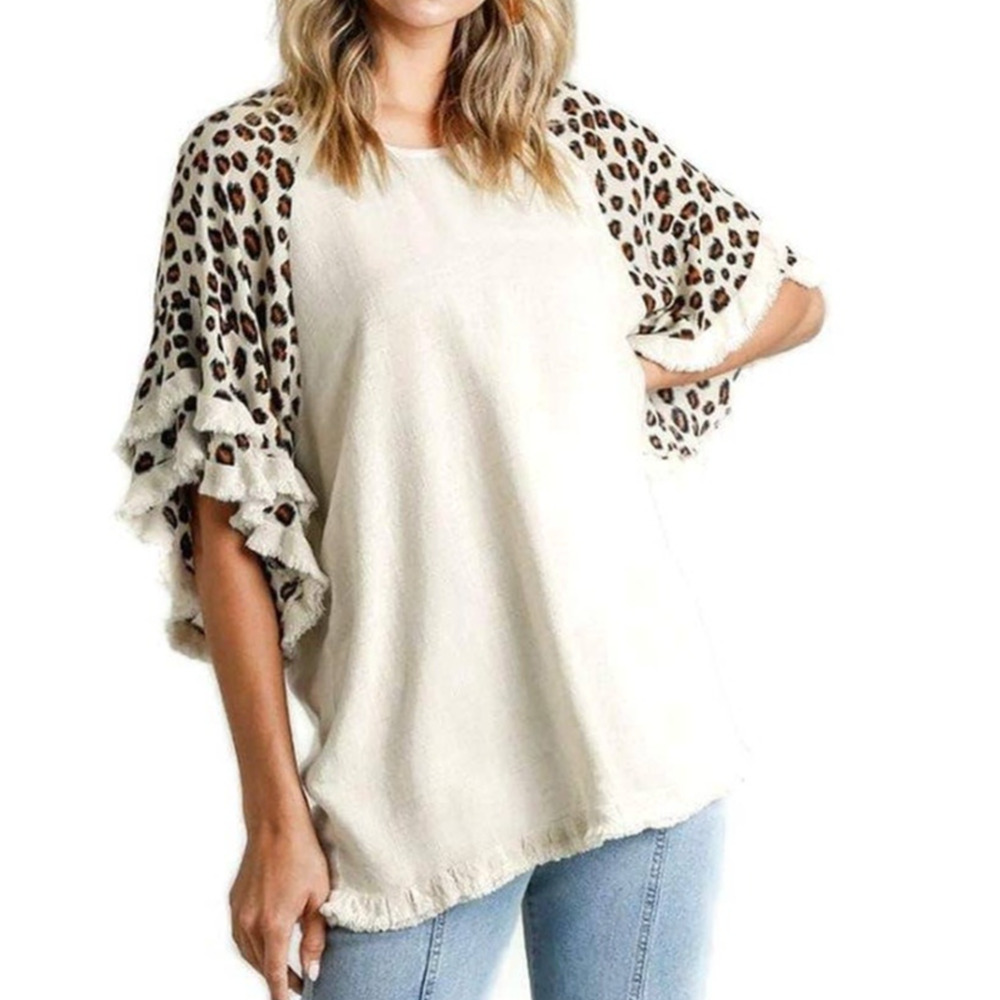 Umgee Linen Blend Top Large Womens White Leopard Fringe Relaxed Woven Chic Boho